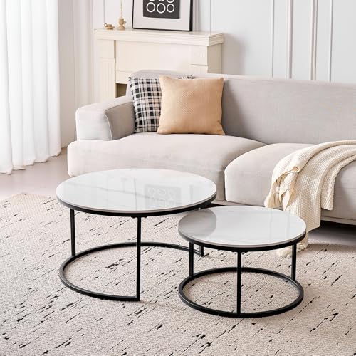 DEYARNA HOME Lot de 2 Tables Basses Gigognes Ronde avec Plateau en Céramique Technique (Non en MDF),Tables D'Appoint Idéal pour Salon, Chambre, Balcon (Blanc+Noir),...