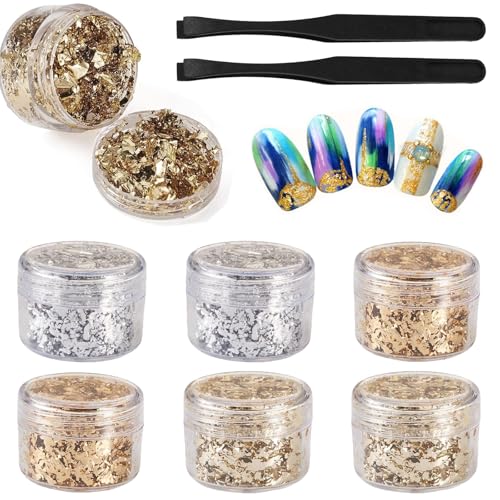 VIDSTW 6 Flaschen Essbares Blattgold 3 Silber Blattgold Essbar 3 Flocken Blattgold mit 2 Pinzette Blatt Gold Folien Blattgoldflocken Essbare Blattgoldblätter Goldfolie Papier Dekorfolie Küche Mousse