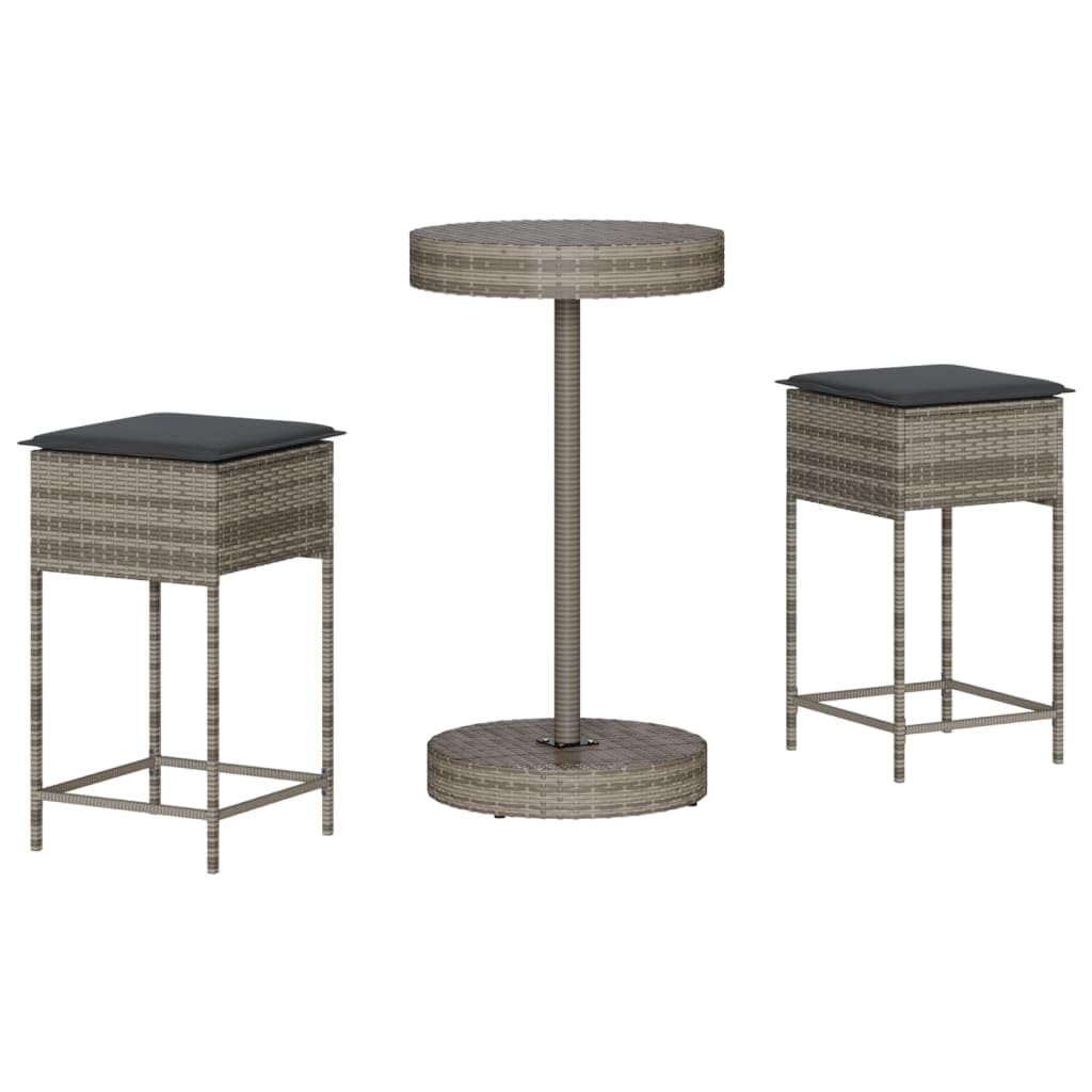 3-TLG - Juego de bar de jardín con almohada, poliratán gris, resistente a los rayos UV, resistente a la intemperie, para terraza, balcón y exterior