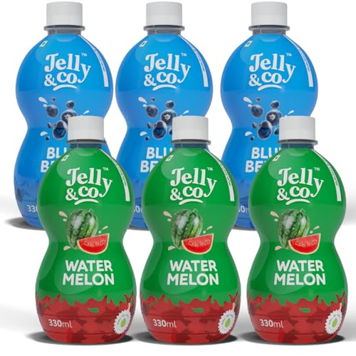 Jelly & Co Combo of Blueberry Fruit Juice (330ml) & Watermelon Fruit Juice (330ml)| Full of Fruit Fibres | Fruit Juice | Fruit Flavour | No Added Preservatives and Colours (Pack of 6, 330ml Each)