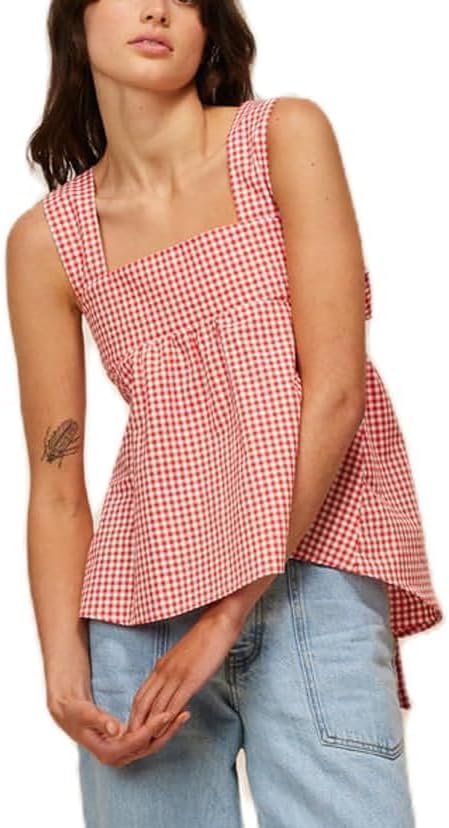Gingham Peplum Tank Top for Women Y2K Sleeveless Square Neck Babydoll Tops Bow Tie Back Vest Shirt Summer - Image 2