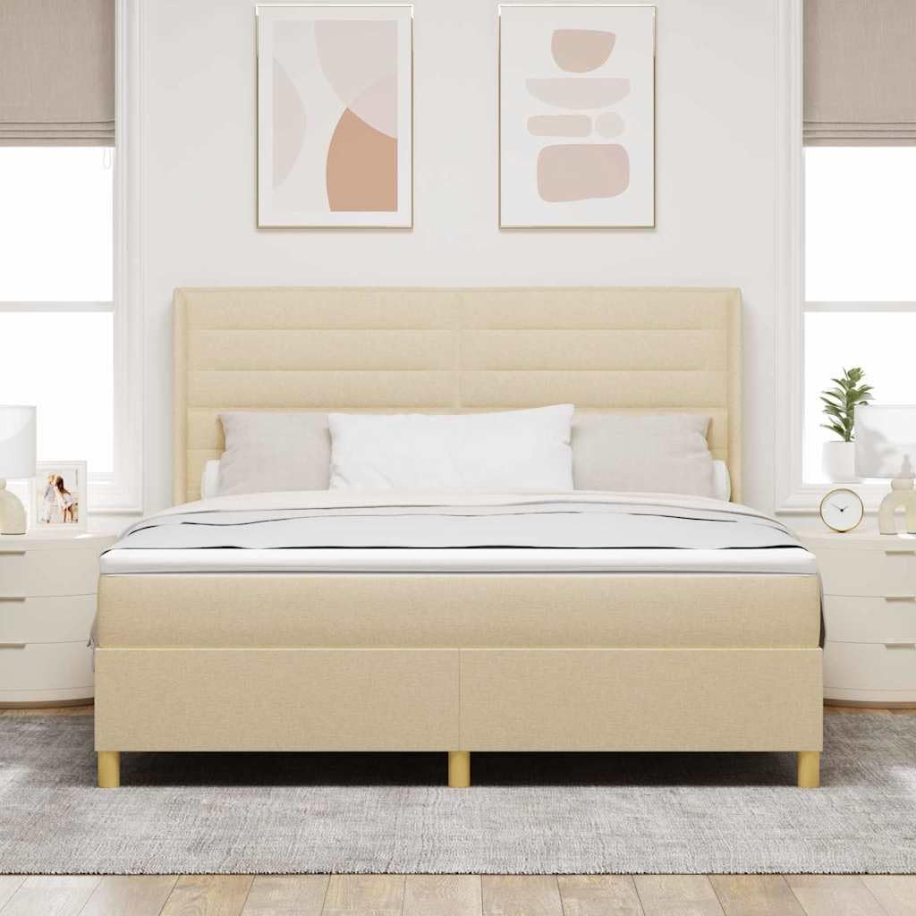 Łóżko kontynentalne z materacem, kremowy materiał, 140 x 200 cm, regulowany zagłówek, wytrzymały drewniany stelaż, materac piankowy o średniej twardości zapewnia spokojny sen