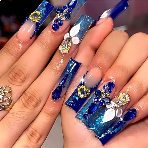 GlamRays Royal Blue Press On Nails Long Length Square Shape Acrylic False Nails with Rhinestone Designs False Nails Pack of 24