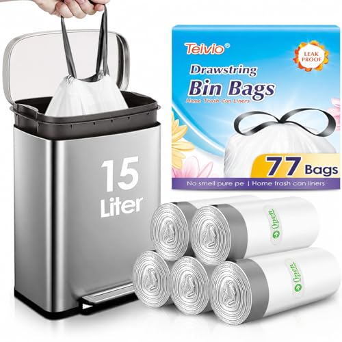 Teivio 15 Liter Small Bin Liners with Tie Tap 77 Counts Strong Drawstring Pedal Bin Bags Fit 10-15L Trash Can Waste Paper Bin Bags for Home Office Kitchen Bathroom Bedroom White Toilet Rubbish Bag
