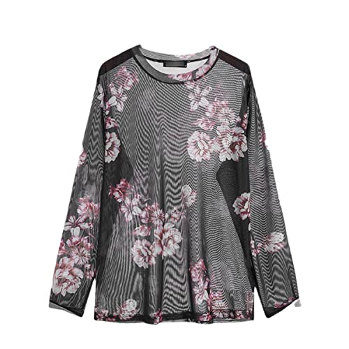 T-shirt manches longues en maille transparent à détails floraux noirs 3XL