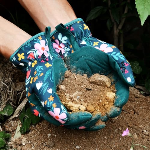 Trifabricy Garden Gloves for Women - Breathable leather Floral Gardening Gloves with Grip, Thorn-Proof Puncture-Resistant Work Gloves for Weeding, Digging, Planting, Raking and Pruning, Pink Flower — view 6