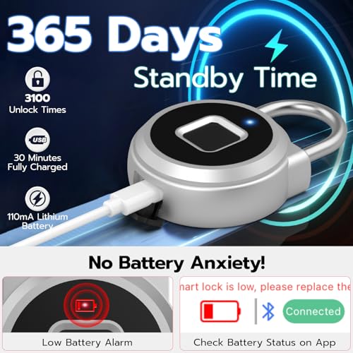 Eseesmart Fingerprint Gym Locker Padlock, Fingerpirnt Bluetooth APP Control Smart Combo Pad Lock - Keyless Outdoor Waterproof Security Suitcase Luggage School Backpack-Sliver - Image 6