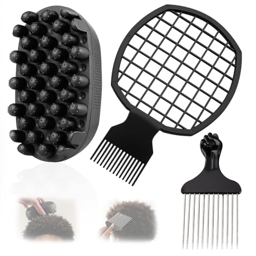 FOWSRHRG 3 Pack Silicone Curling Hair Brush & Metal Afro Pick Hair Comb Set Durable Washable Curl Sponge for Black Men Natural Hair Dreadlocks Coils & 4C Afro HairStyling Tool