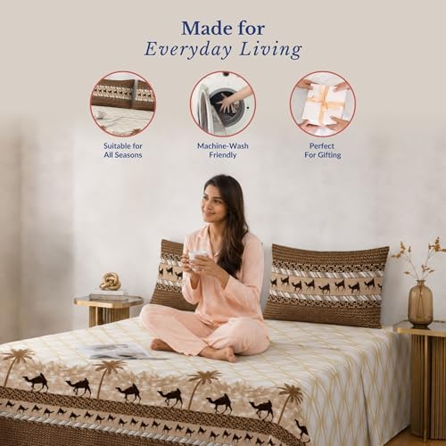 Image of Jaipur Weaves Bedsheet King Size 300 TC 100% Pure Cotton Bed Sheet with 2 Pillow Covers, Premium Bedding Set, 108x108 inches, Super Soft Cozy (Amber Desert)