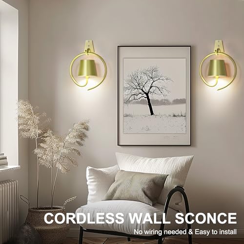 Image of 5200mAh Wireless Wall Light, Rechargeable Batttery Operated Wall Sconces Set of 2,3 Color Stepless Dimming Up, Wall Lamp for Battery Operated Lamp for Bedroom /Living Room /Hallway (Champagne)