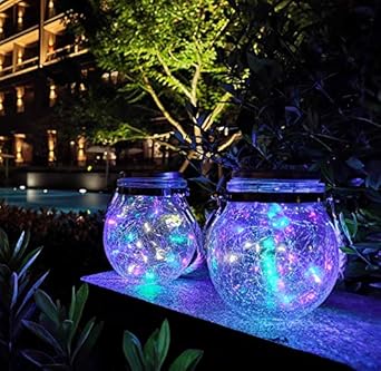 KIMI HOUSE 2 Pack Hanging Solar Powered LED Lights,Cracked Glass Ball Light, Waterproof Outdoor Christmas Decorative Lantern for Garden, Yard, Patio, Lawn (Colorful)
