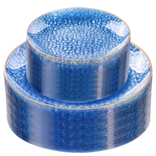 Rubtlamp 60Pcs Clear Blue Plastic Plates, Hammered Blue Plates, Clear Fancy Disposable Plates With Gold Rim Include 30 Dessert Plates, 30 Dinner Plates for Party