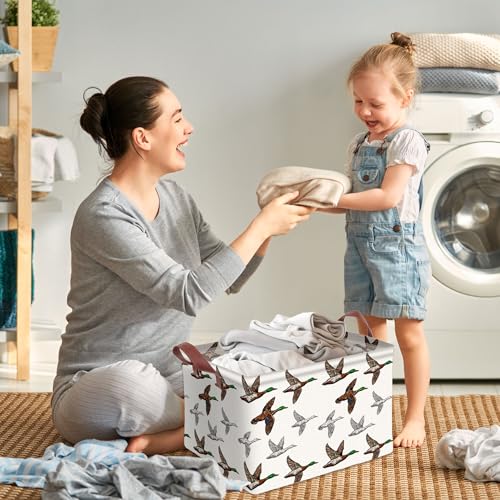Image of Mallard Duck Storage Basket Waterproof Canvas Toy Storage Bin Mallard Duck Room Decor Collapsible Outdoor Basket with Leather Handles Blanket Baskets For Closets,Bedrooms,Gifts Baskets