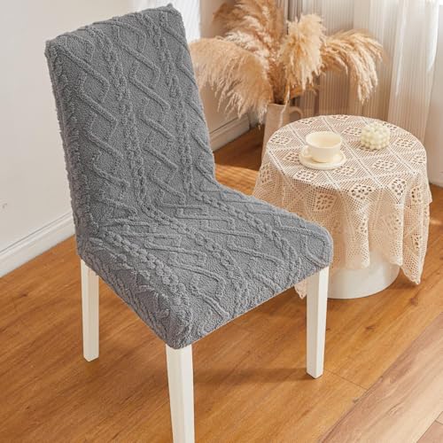 Image of HOMETHREADS Elastic Jacquard Chair Cover-Stretch Fit, Removable & Washable Short Dining Chair Seat Protector - 400gsm Soft & Wrinkle-Resistant Slipcover for Home, Kitchen, Banquet (D.Grey, Pack of 2)
