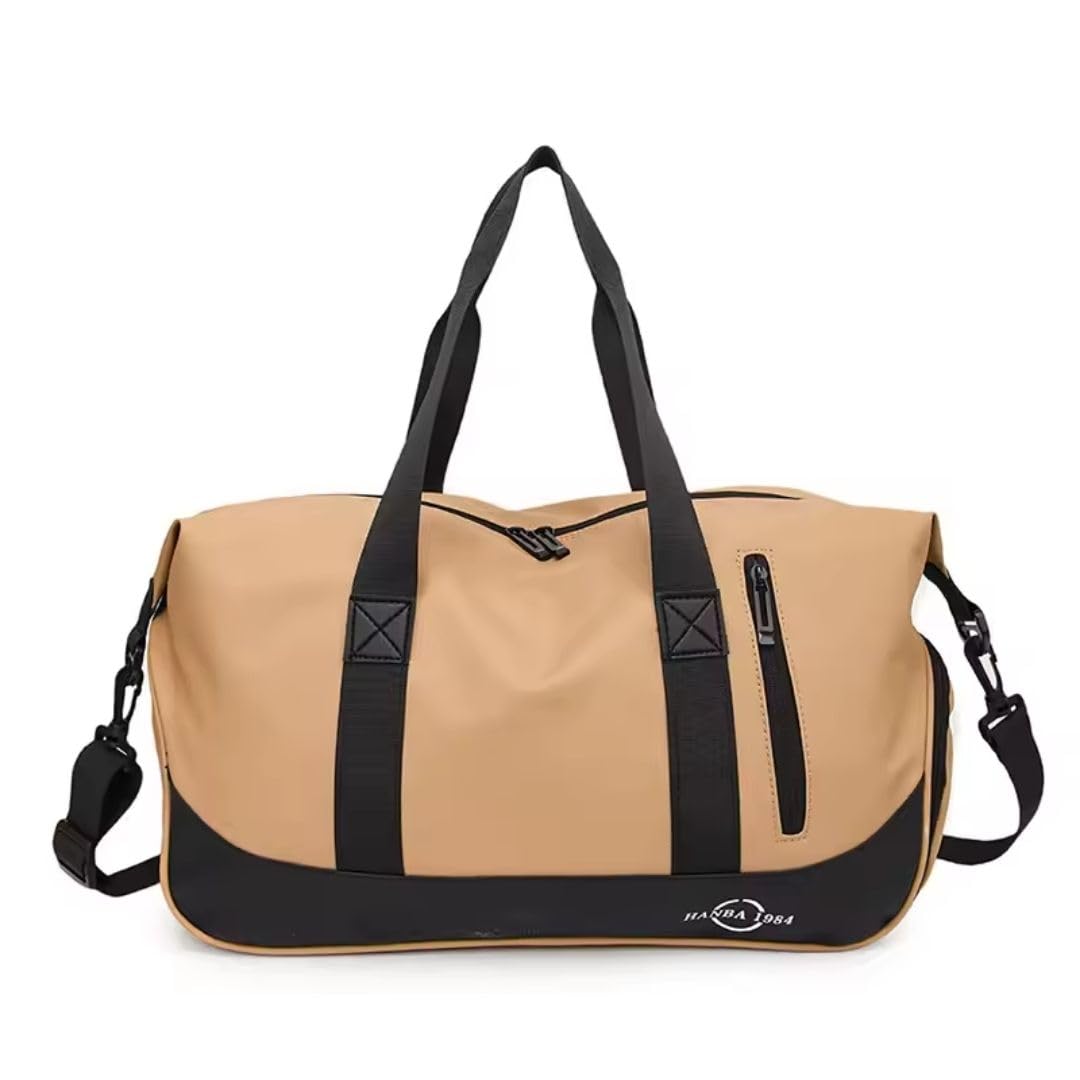 PU Coated Weekender Duffle Bag, 30L Water Resistant Travel Bag with Shoe Compartment, Wet Clothes Pocket, Trolley Sleeve, Detachable Shoulder Strap (Khaki)-image-2