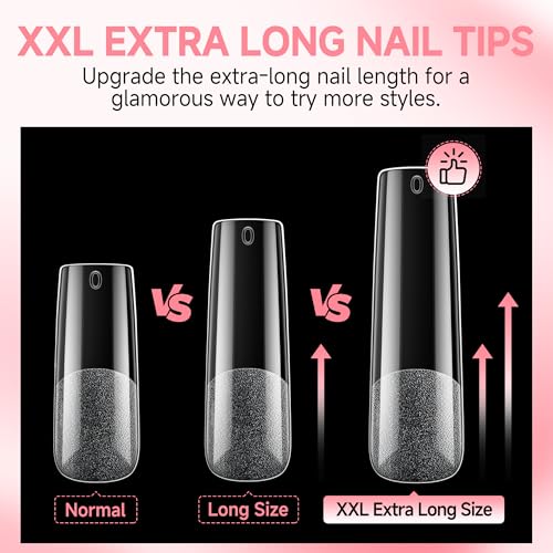 Image of UNA GELLA Nail Tips Sqaure Extra Long Tapered Sqaure Nail Tips 504pcs XXL Clear Fake Nails Full Cover Square Gel Tips for Acrylic Nails Tips for Press on Nail Extensions Home DIY Salon 12 Sizes