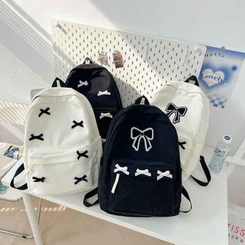 JHTPSLR Coquette Corduroy Backpack Bowknot Balletcore Aesthetic Backpack Cute Preppy Backpack Laptop Backpack Mochilas (White)4