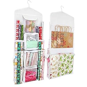 SumDirect White 16×40 Inch Double Sided Hanging Gift Wrap Organizer, Wrapping Paper Gift Bag Storage