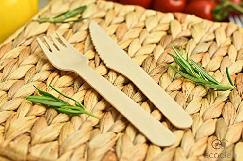 ECOCLEO® Eco Einweg Besteck | 200 Stück Set | Lebensmittelecht aus Birkenholz | 100 Gabeln & 100 Messer | Holzbesteck… - Image 5