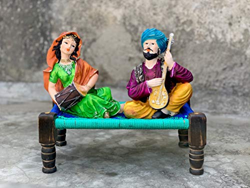 Maplecraft Resin Rajasthani Khat Couple Sitting On Khat Idols Statue Antique Showpiece Decoration Items Home Decor Gift/Office Showpiece/Living Room/Bed Room (Multicolour)