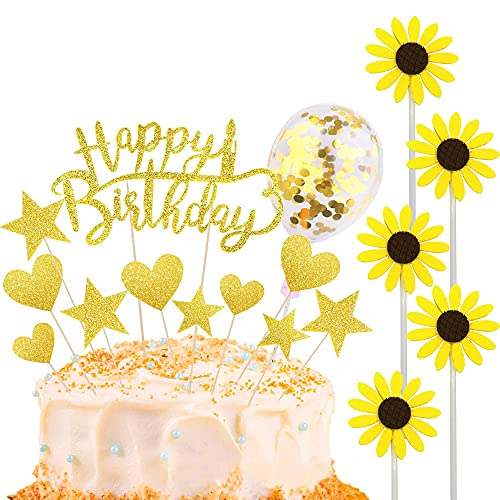 Allazone Happy Birthday Decoracion Tarta, Corazón Estrellas Globos Flores Decoracion Tarta Cumpleaños Cake Topper para Cumpleaños Baby Shower Fiesta Temática, Oro