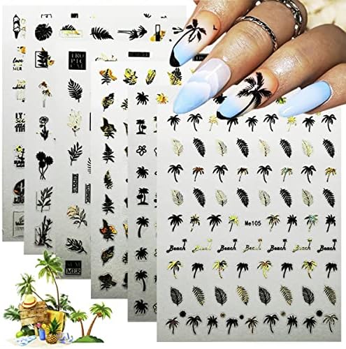 Summer Beach Nail Art Stickers Decals Gold Black Bronzing Coconut Tree Nail Stickers 3D Self-Adhesive Nail Art Supplies Summer Tropical Palms Trees Leaves Nail Decals for Acrylic Nails Decoration