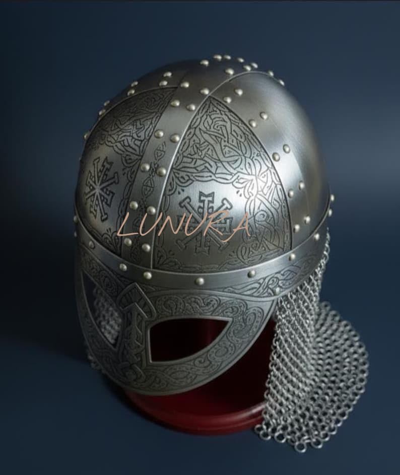 Viking Helmet with Chainmail, Celtic Knotwork Design, Medieval Armor Replica, Steel Finish