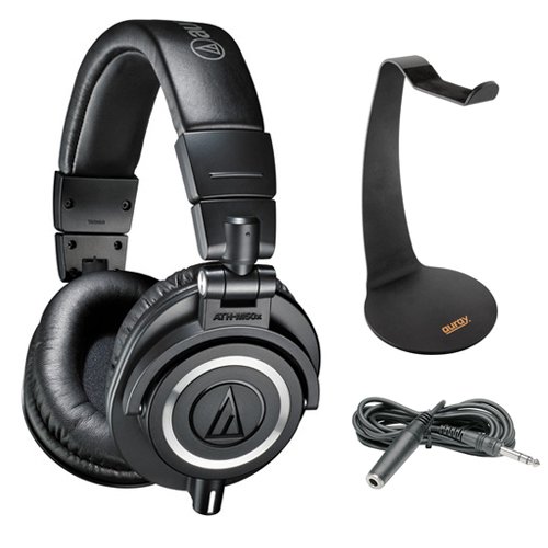 Audio-Technica ATH-M50x Monitor Headphones (Black) with Headphone Stand & Extension Cable 10'