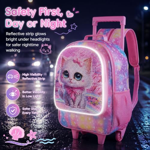 Image of CCJPX 3PCS Rolling Backpack for Girls, Kids Cat Roller Wheels School Bookbag with Lunch Bag, Wheeled School Bag for Toddler Elementary Children