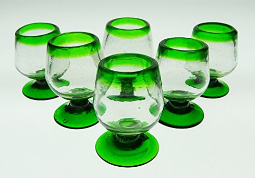 Mexican Shot Glasses, Green Rim, Snifter Design, Hand Blown, 2