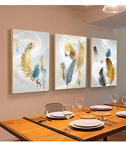 Affiche et impressions toile plume dorée élan 60x80cm salon triptyque