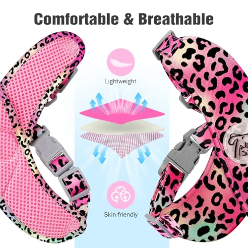 Pawaboo Arnés Perros con Correa, Arnes Tipo Chaleco para Perros Pequeños Medianos, Arnés Ajustable Antitirones Transpirable Acolchado de Forma X para Cachorros Gatos Caminar, M, Leopardo Magenta - imagen 5