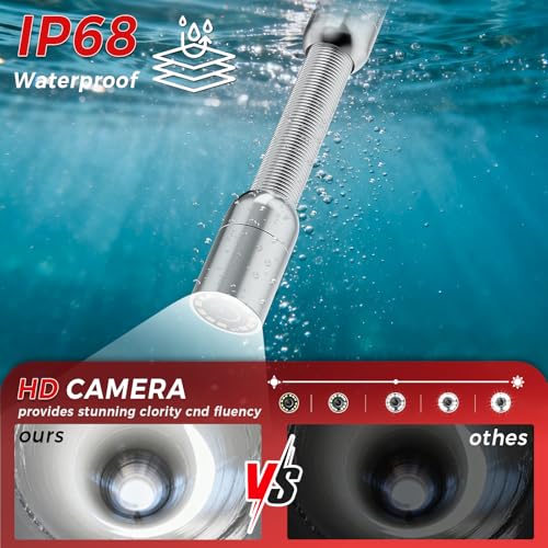 Cámara de Inspección para Tuberías, Monitor IPS con Tarjeta TF de 32GB DVR, Cámara HD 1200TVL IP68 con Cable de Fibra de Vidrio 65/100FT, Batería 5600mAh Visión Nocturna, para Hogar/Contratista/Plomero (4.3 pulgadas/65FT) miniatura 3
