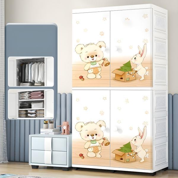 Image of EXVITO Plastic Wardrobe for Cloth with Drawers & Hanging Rod | Baby Cupboard for Clothes Storage | Foldable Collapsible Plastic Almirah for Kids | Cartoon Design Cabinet for Bedroom (Bear, 4 Door)