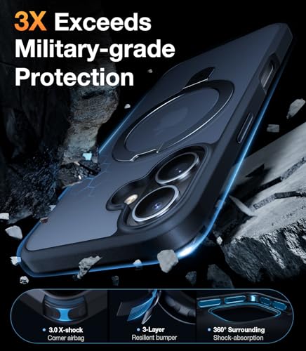 Image of TORRAS Magnetic for iPhone 16 Case with Stand, Built-in Stand Compatible with MagSafe, 12 FT Military-Grade Protection, Translucent Slim Phone Case for iPhone 16 6.1'', Matte Black