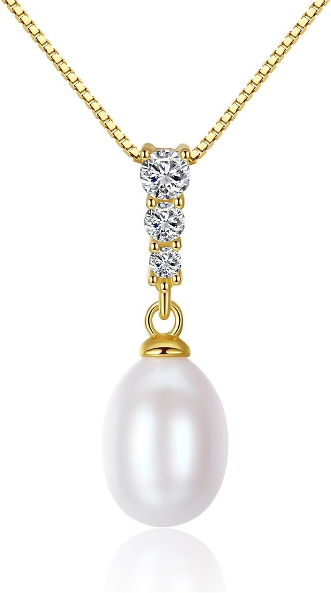 Gold Plated 925 Sterling Silver Chain Necklace for Women Pearl & CZ Simulated Diamond Pendant Necklace, Handpicked Freshwater Cultured Pearl Necklace Pendant