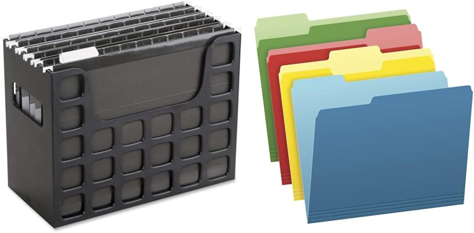 Pendaflex Portable Desktop File, 9-1/2 x 12-3/16 x 6 Inches, Black (23013) & Two-Tone Color File Folders, (Bright Green, Yellow, Red, Blue), 1/3-Cut Tabs, Assorted, 36 Pack (03086), 4-Color