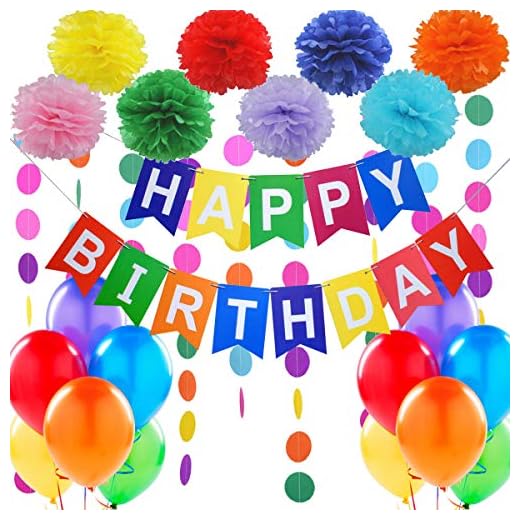 Decoraciones Cumpleaños – 1 Bandera Banderines Feliz Cumpleaños “ Happy Birthday” + 8 Pompon Bola de Flor + 2 Guirnaldas Arco de Iris de 3 Metros + 12 Globos Perlados. Ideas para Decorar .