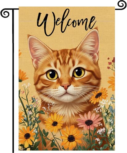 Welcome Spring Summer Cat Garden Flag 12x18 Double Sided Orange Tabby Cat with Sunflowers Yard Flag Cute Kitten Outdoor Decor for Front Porch Home Garden Small Linen Flag