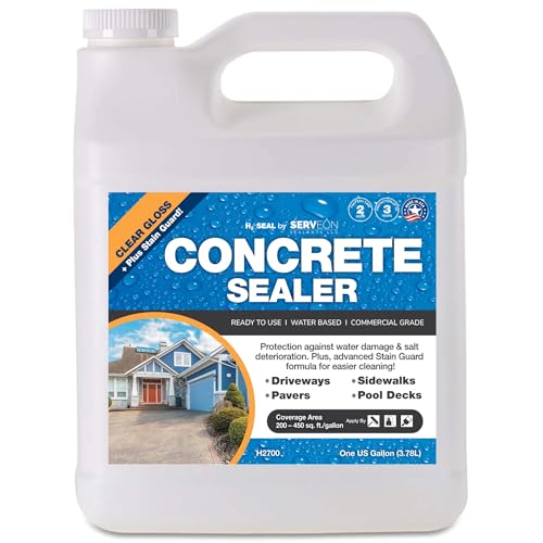 Serveon Sealants Concrete Driveway Sealer Plus Stain Guard (Clear Gloss Finish) Commercial Grade Outdoor Indoor Waterproof Sealant Protects Pavers Sidewalks Pools (1 Gallon) H2700