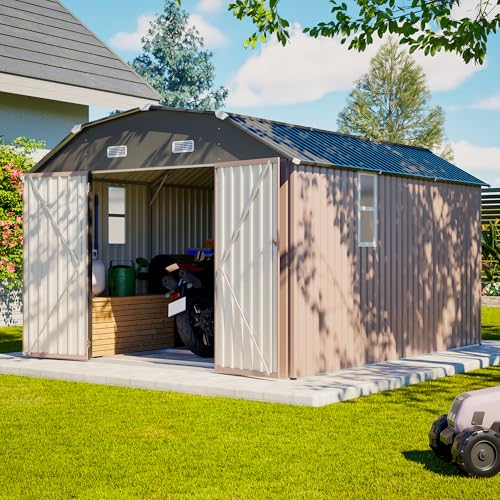 Image of YOPTO 10x12 FT Outdoor Storage Shed,Heavy Duty Metal Shed W /Floor Frame & 2 Windows,Garden Shed W / 4 Air Vents,Diamond-Shape Roof & Lockable Door,for Backyard,Patio,Lawn,Brown