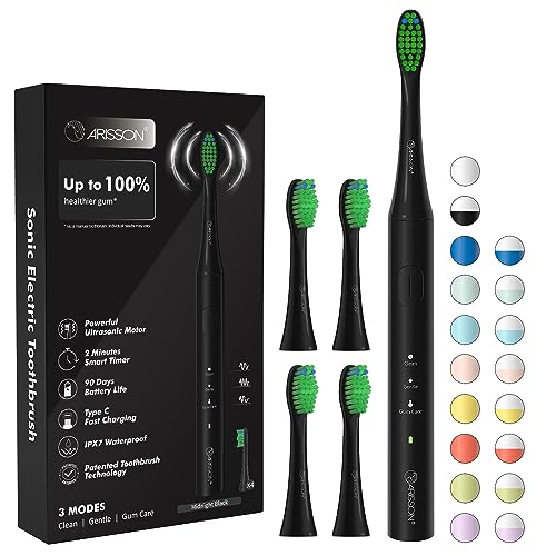 Image of ARISSON Sonic Electric Toothbrush for Adults & Kids, 1.5H Fast Charge for 90 Days, 40,000 VPM Adjustable Clean, 4 Dupont Brush Heads, 1.6 Oz Compact Travel Case & Wall Holder, Black
