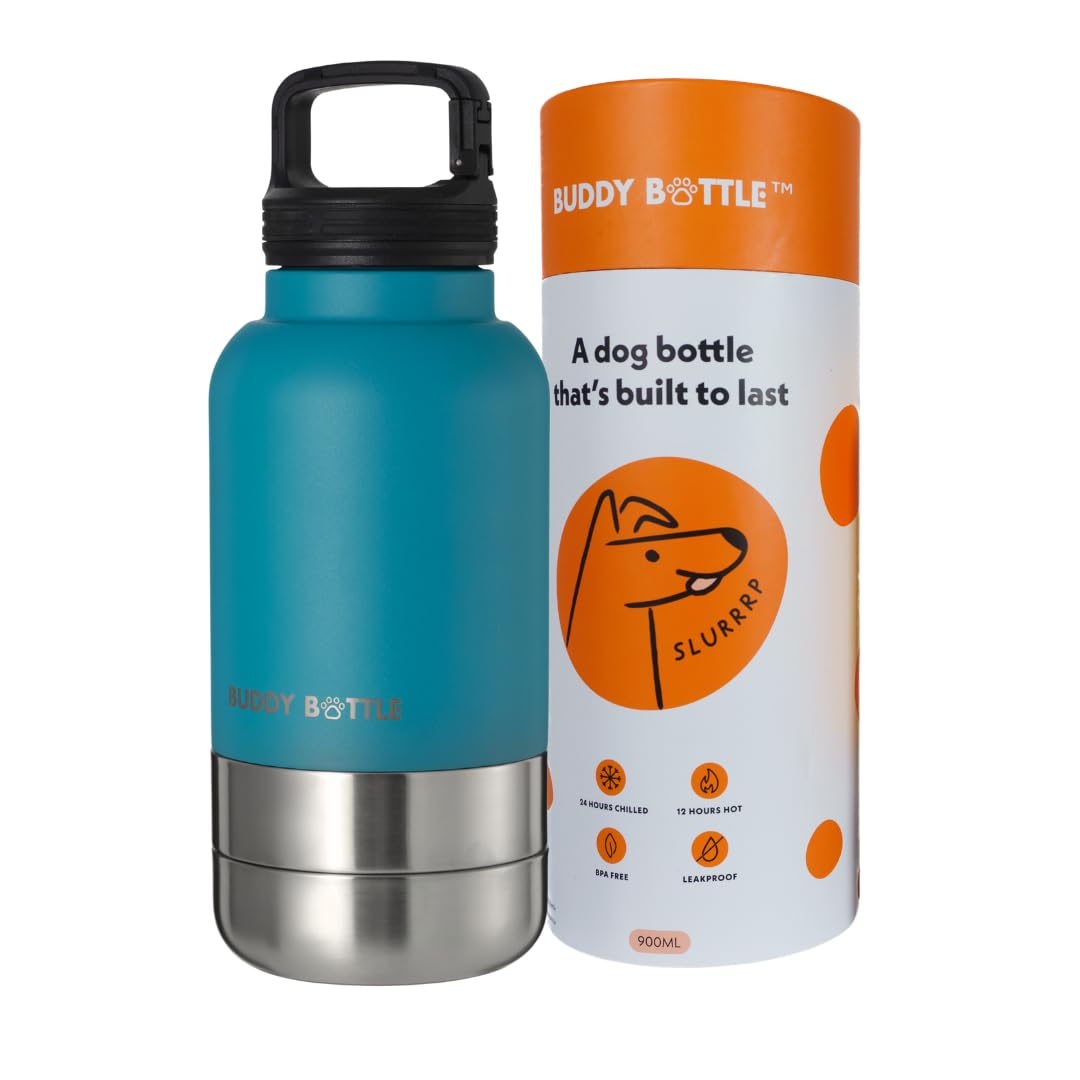 BUDDY BOTTLE Dog Water Bottle with Bowl — 900ml Insulated Stainless Steel Travel Flask for Walking, Hiking & Camping | Leakproof 3-in-1 Portable Dog Drinking Bottle