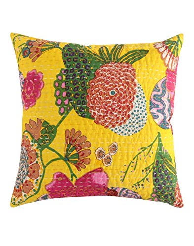 Image of Cotton Kantha Embroidery Cushion Cover (16x16-inches) (Set of 1, Yellow)