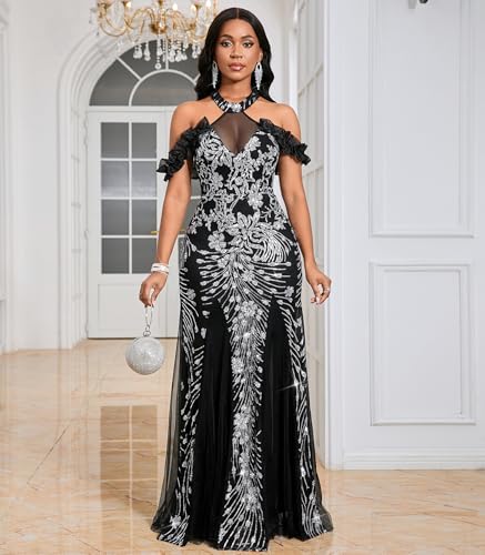 Image of Cololura Women Sexy Sequin Halter Neck Short Sleeve Mesh Perspective Party Bodycon Evening Cocktail Maxi Dress