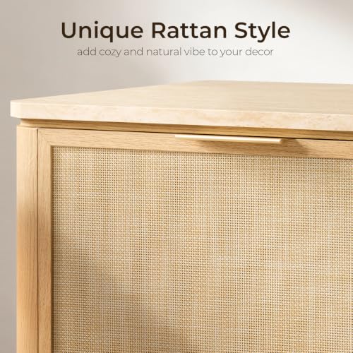Image of Night Stand Set of 2, 23.11 inch W Rattan Nightstand with 2 Drawers, Faux Marble Top Bedside Table, Boho Mid Century End Table for Bedroom Living Room Sofa Office, Natural Oak [FSC Certified]