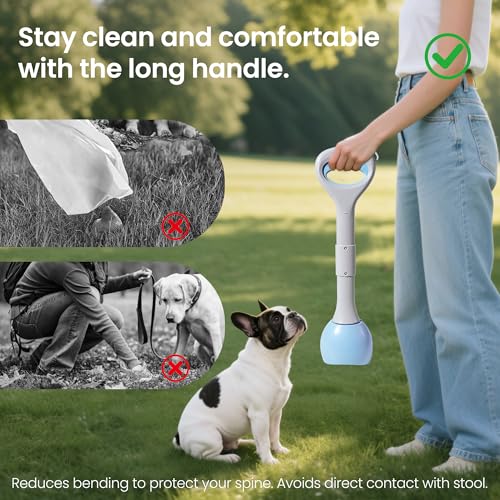 Image of Dog Pooper Scooper Portable with Bag Attachment, One Handed Foldable Design, Includes 120 Waste Bags and Dispenser, 19 Inch Handle for Grass Yard Gravel Cleanup (Blue)