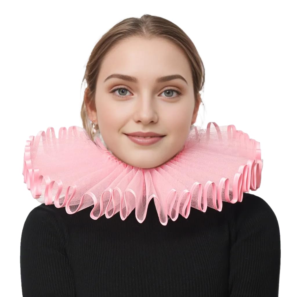 BPURB Renaissance Elisabethan Ruff Collar Neck Ruffle Collar Clown Collars, pink, One Size