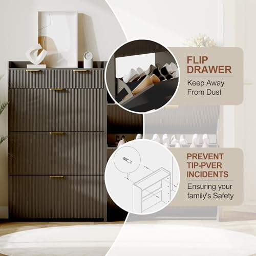 GarveeHome Wave Design Shoe Cabinet with 3 Slip Drawers, 2 Drawers, Raised Edges, Fluted Shoe Cabinet, Slim Hidden Shoe Organizer, Wooden Shoe Storage for Entryway, Front Door, Living Room, Black