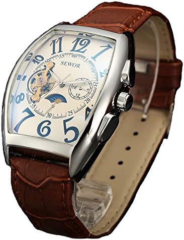 SEWOR Luxury Tourbillon Man Moon Phases Mechanical Automatic Watch Bracelet Leather Band Blue Glass Coating